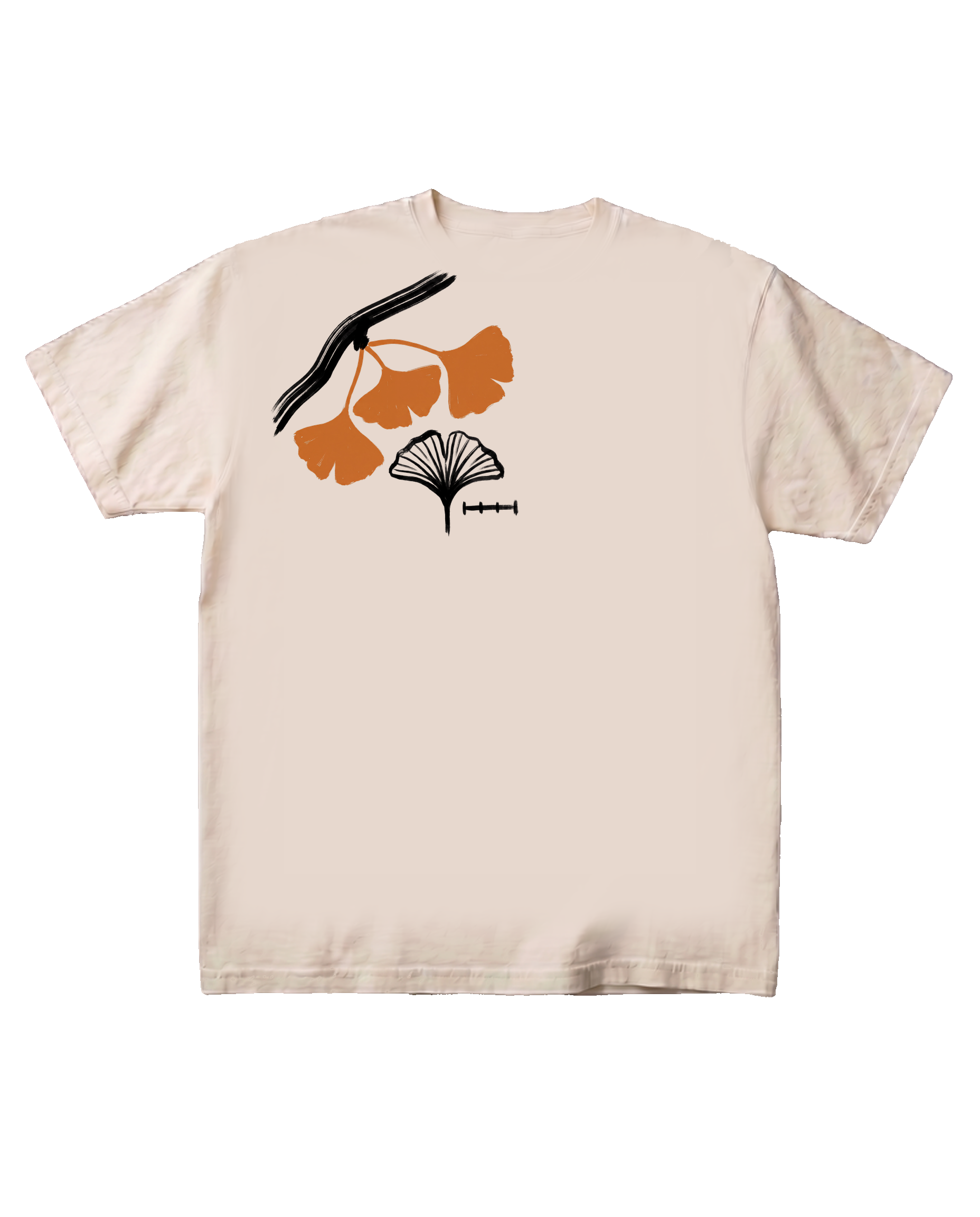 The Ginkgo Study tee on a pure black background, flat-front catalog presentation. A naturalist's field study of ginkgo printed at the upper-right chest as an oversized A3 motif: branch with warm-orange leaves, cross-section detail, and scale-bar.