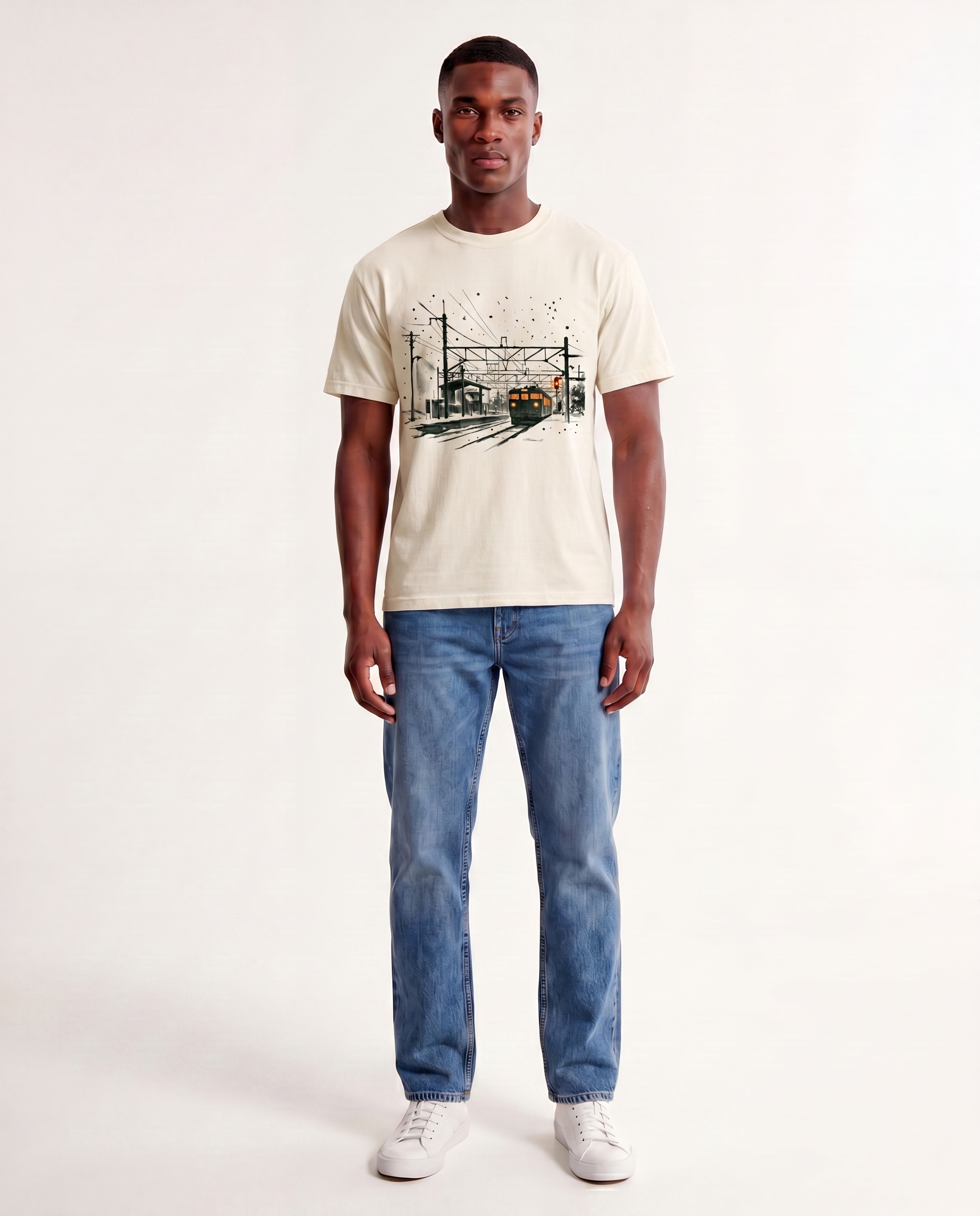Editorial photograph of a Black male model wearing the Iwafune Station tee, full body, denim jeans and white sneakers, standing against a cream studio backdrop. LV-tier register.