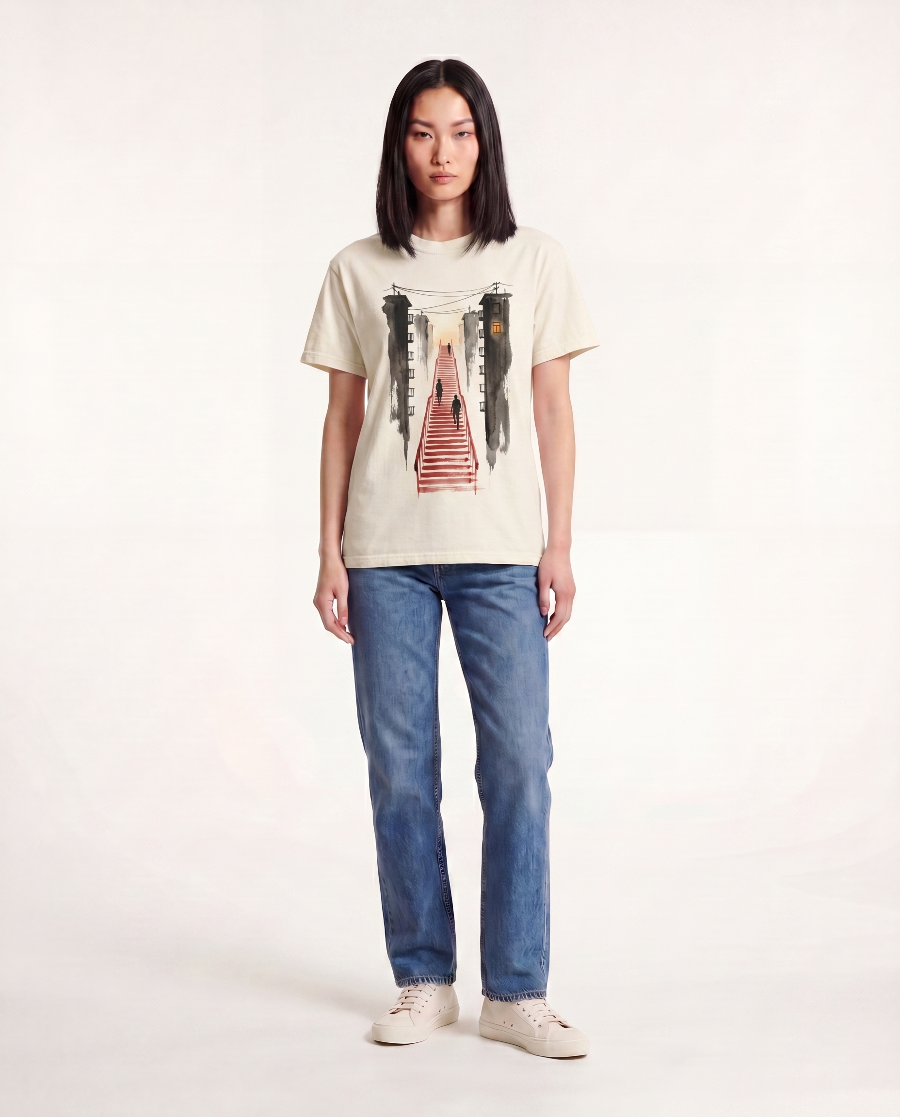 Editorial photograph of an East Asian female model wearing the Kataware-doki tee, full body, denim jeans and white sneakers, standing against a cream studio backdrop. LV-tier register.