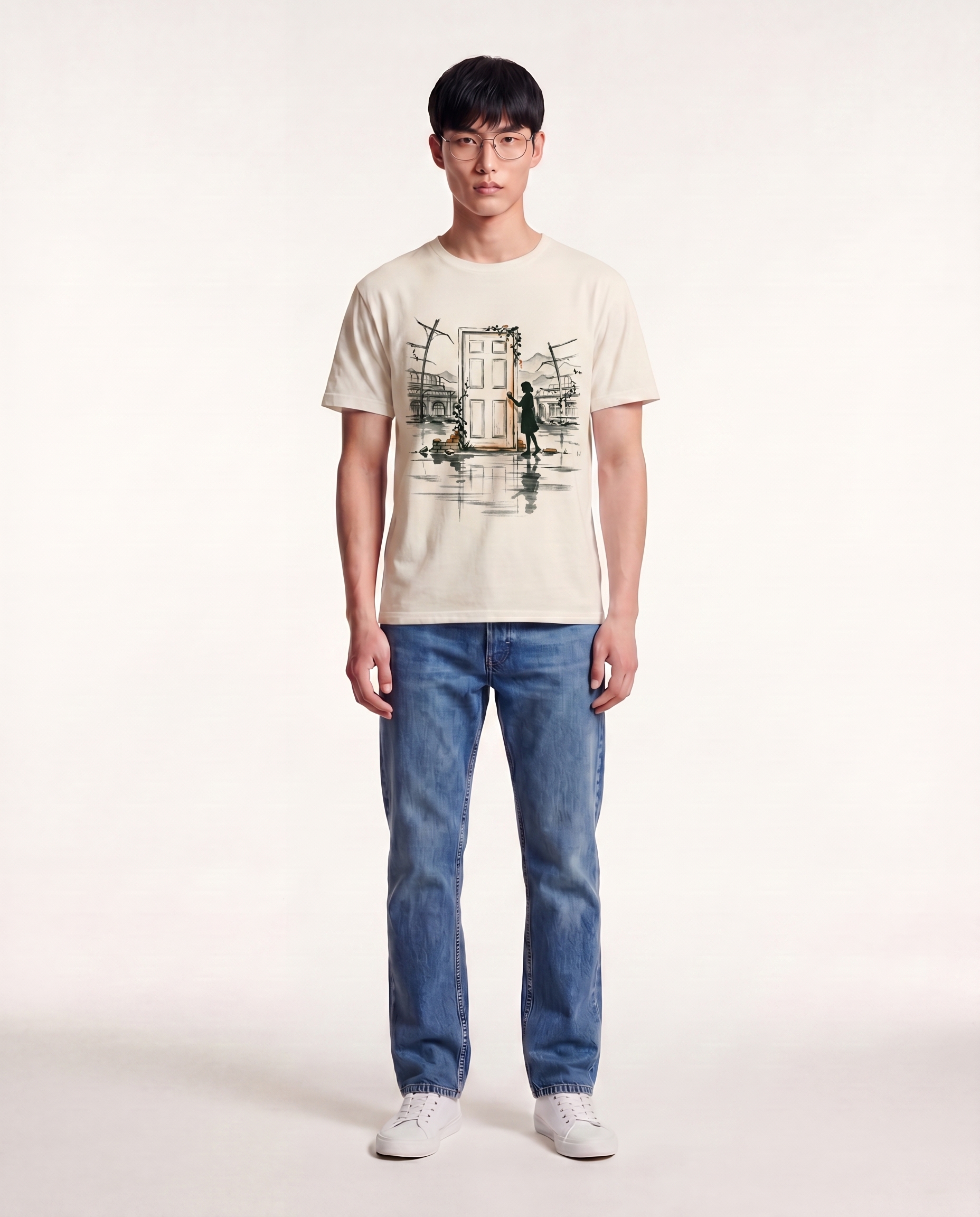 Editorial photograph of an East Asian male model with wire-frame glasses wearing the Suzume's Door tee, full body, denim jeans and white sneakers, standing against a cream studio backdrop. LV-tier register.